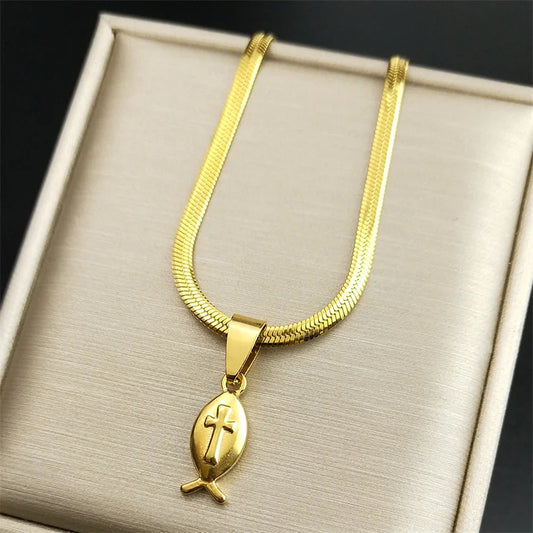 Jesus Cross Fish Solid Pendant Snake Chain Christian Necklace Gift