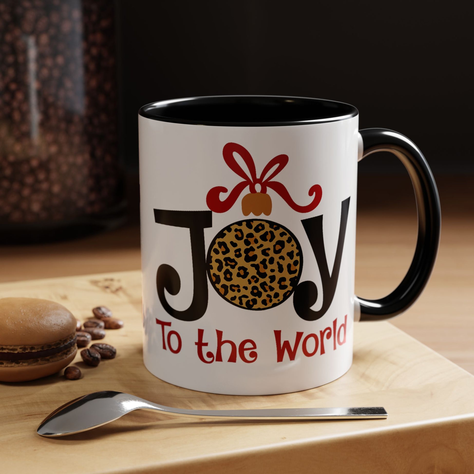 Joy to the World  Leopard Print Ornament Accent Coffee Mug in 11oz and 15oz and Red or Black Accent