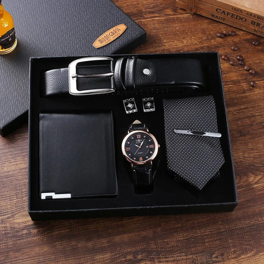 Luxury Men's Accessory Gift Set - Watch, Wallet, Belt, Cufflinks, Tie & Tie Clip