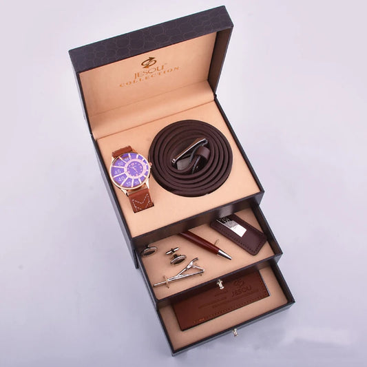 Luxury Men's Accessory Gift Set - Watch, Watch Belt, Cufflinks, Ballpoint Pen, Keychain, Tie & Tie Clip
