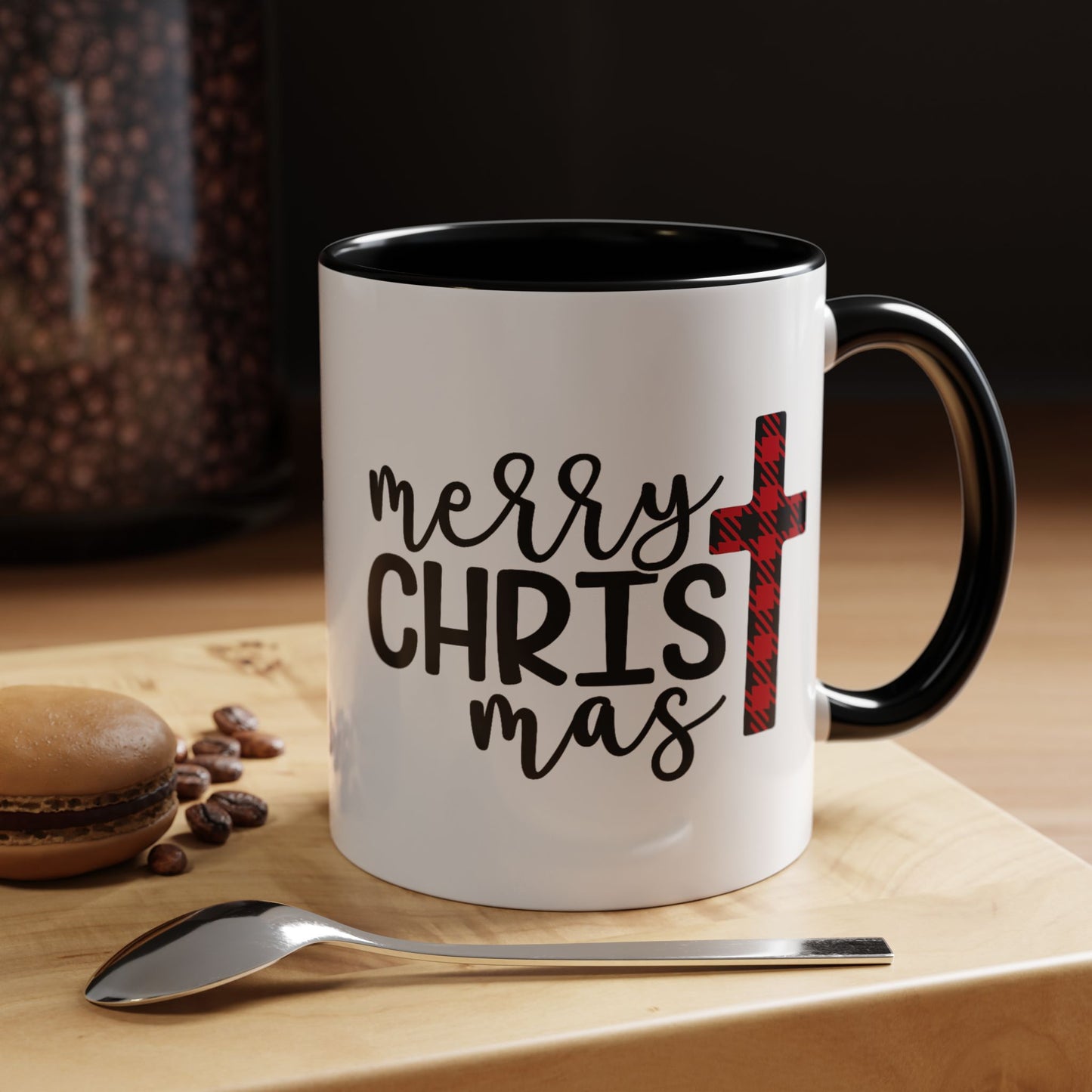 Merry Christmas Plaid Cross Accent Coffee Mug in 11oz and 15oz and black or red accent
