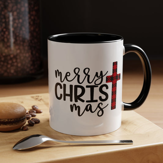 Merry Christmas Plaid Cross Accent Coffee Mug in 11oz and 15oz and black or red accent