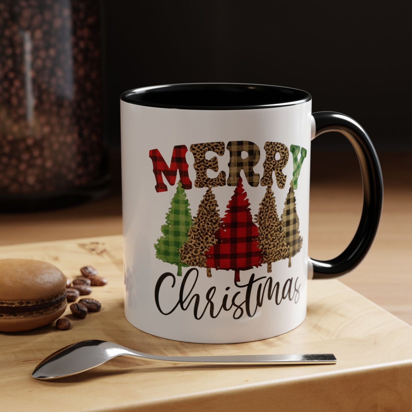 Merry Christmas Plaid Trees Accent Coffee Mug in 11oz and 15oz and black or red accent