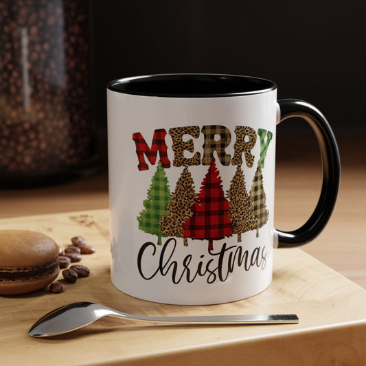 Merry Christmas Plaid Trees Accent Coffee Mug in 11oz and 15oz and black or red accent
