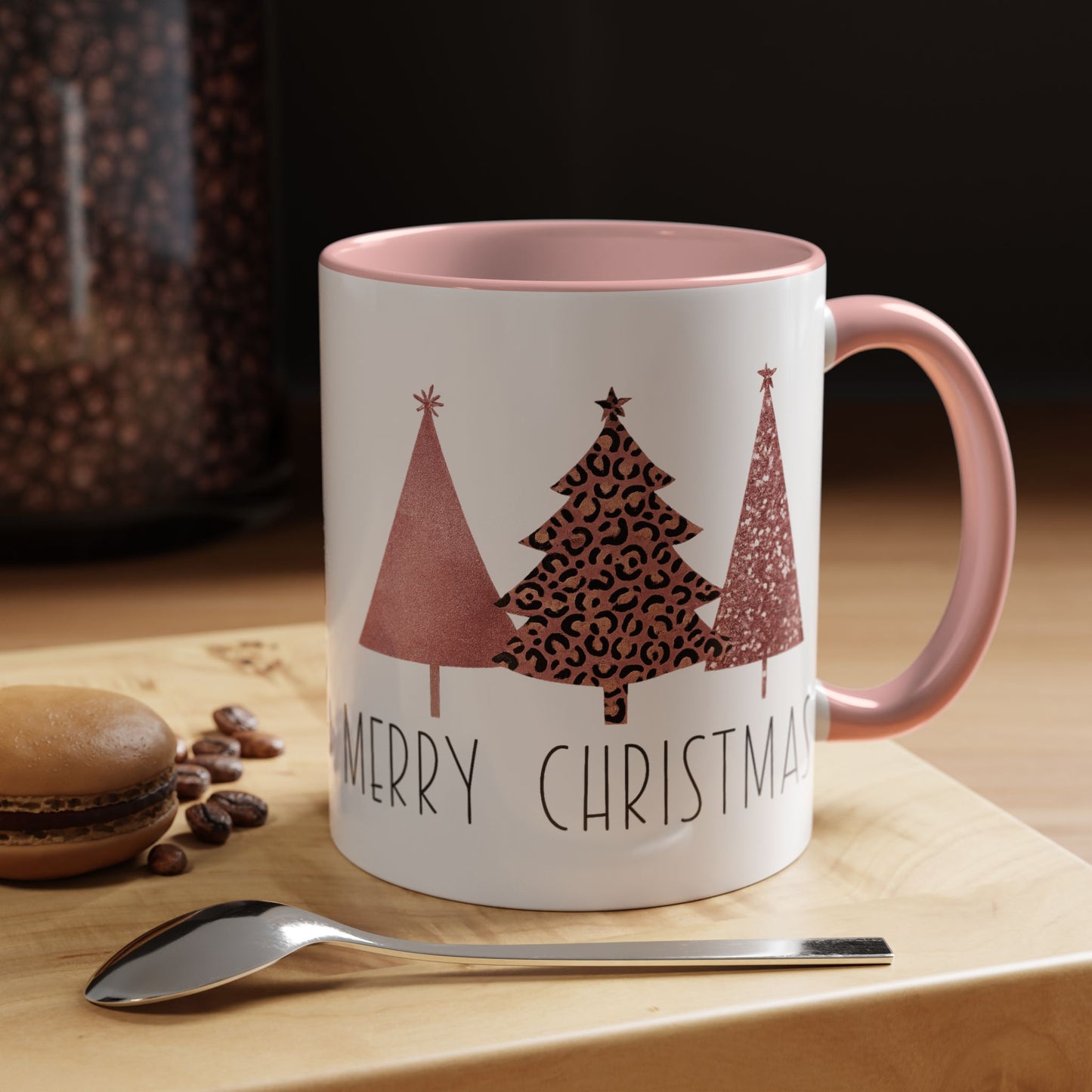 Merry Christmas Shimmer Trees Accent Coffee Mug in 11oz and 15oz and pink or black accent