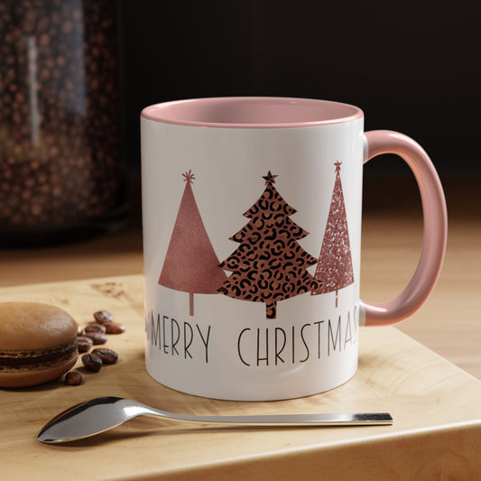 Merry Christmas Shimmer Trees Accent Coffee Mug in 11oz and 15oz and pink or black accent