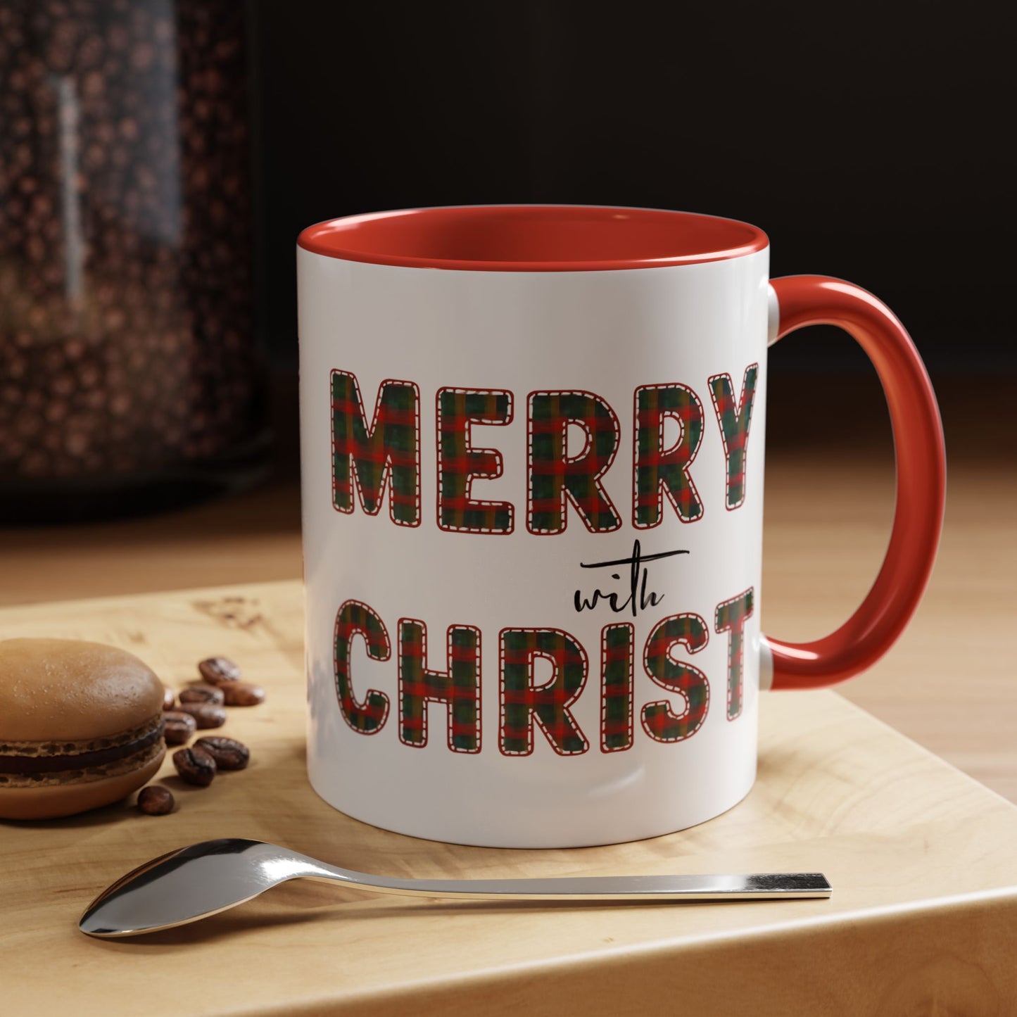 Merry with Christ Plaid Print Accent Coffee Mug in 11oz and 15oz and red or black accent