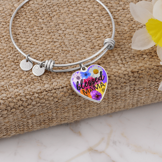 Personalized Engraved Blessed Mama Heart Pendant Mother's Christian Bracelet Gift
