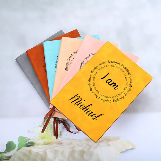 Personalized Name "I Am..." Circle Bible Verse Quotes Christian Bound Leather  Journal Gift