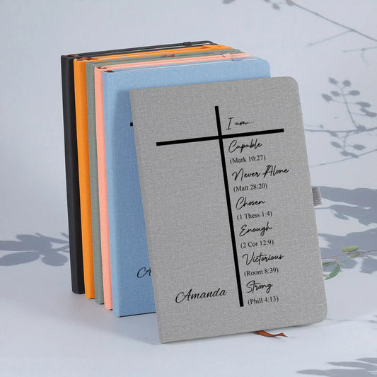 Personalized Name "I Am..." Cross Bible Verse Quotes Christian Hardbound Journal Gift