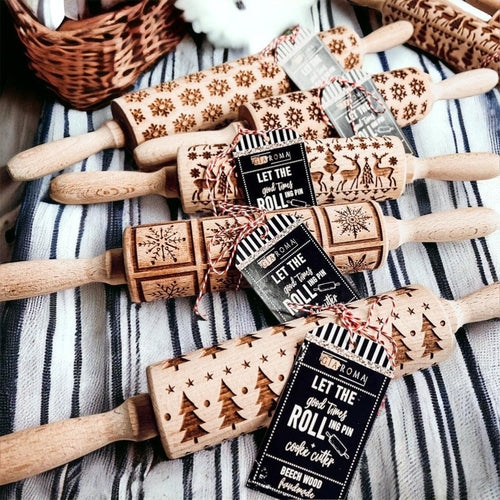 Embossed Christmas Pattern Rolling Pins w/Cookie Cutters