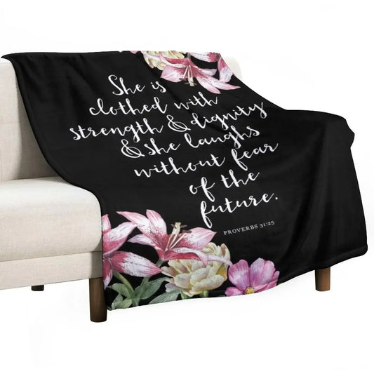 Proverbs 31:25 Flower Design Flannel Throw Blanket