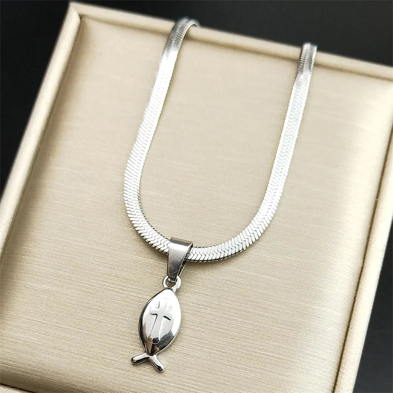 Jesus Cross Fish Solid Pendant Snake Chain Christian Necklace Gift