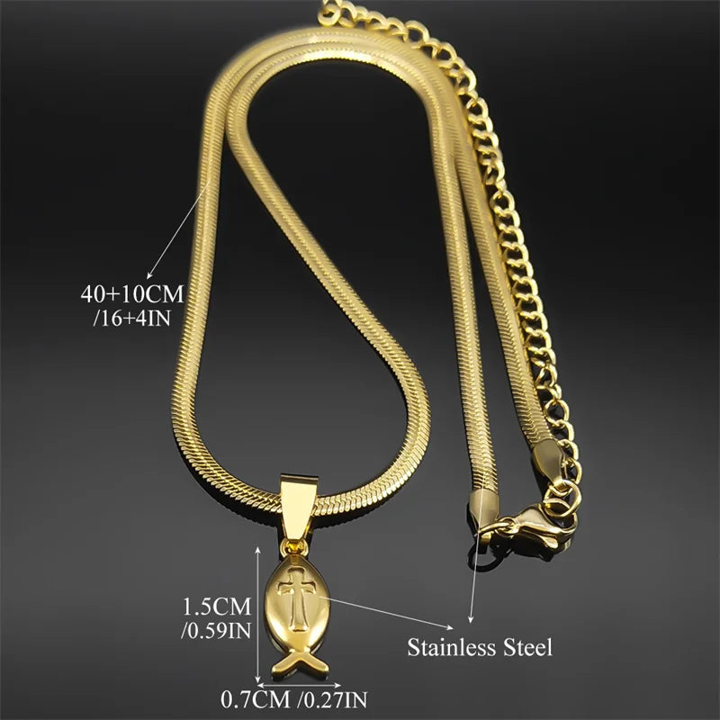 Jesus Cross Fish Solid Pendant Snake Chain Christian Necklace Gift