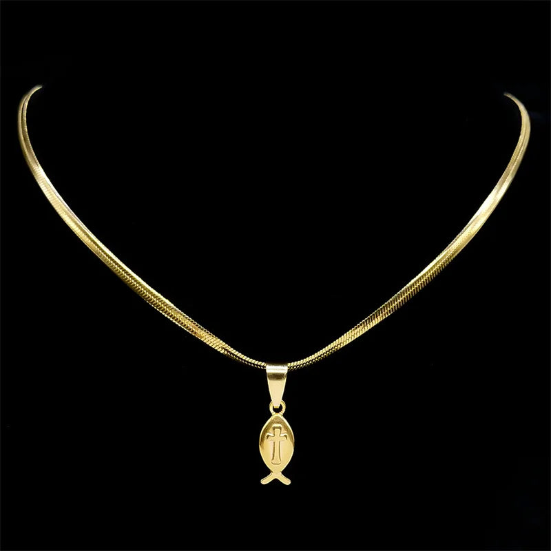 Jesus Cross Fish Solid Pendant Snake Chain Christian Necklace Gift