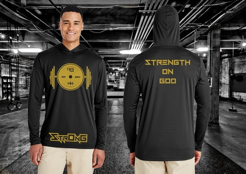 StrOnG with barbell on front, Strength On God on back, Black with Gold Print, Hoodie for Youth, Women, Men