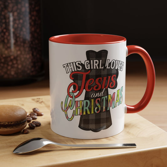 This Girl Loves Jesus and Christmas Accent Coffee Mug in 11oz and 15oz  and red or black accent