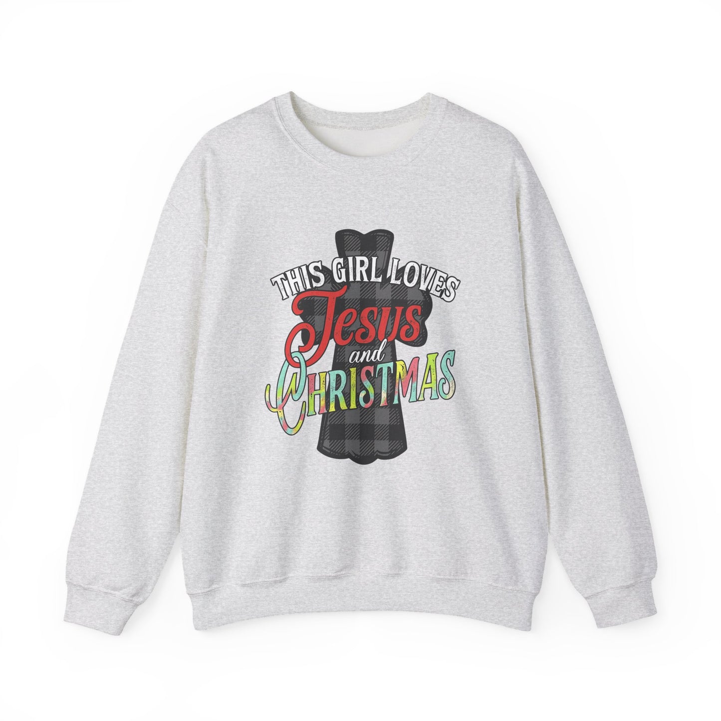 This Girl Loves Jesus and Christmas Plaid Cross Women's Crewneck Sweatshirt in 3 colors sizes s-2xl