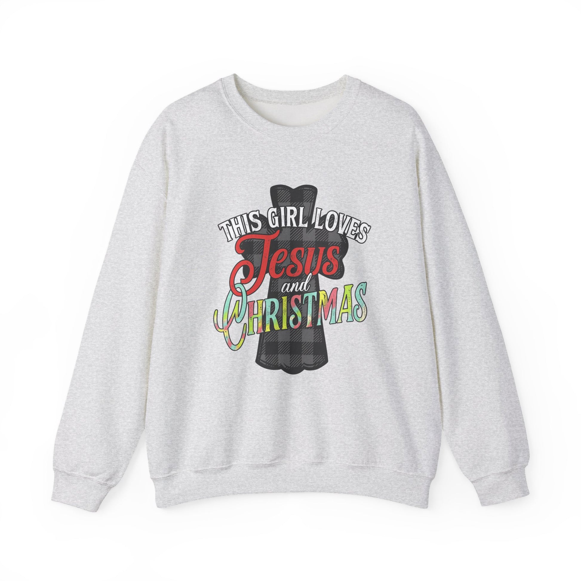 This Girl Loves Jesus and Christmas Plaid Cross Women's Crewneck Sweatshirt in 3 colors sizes s-2xl