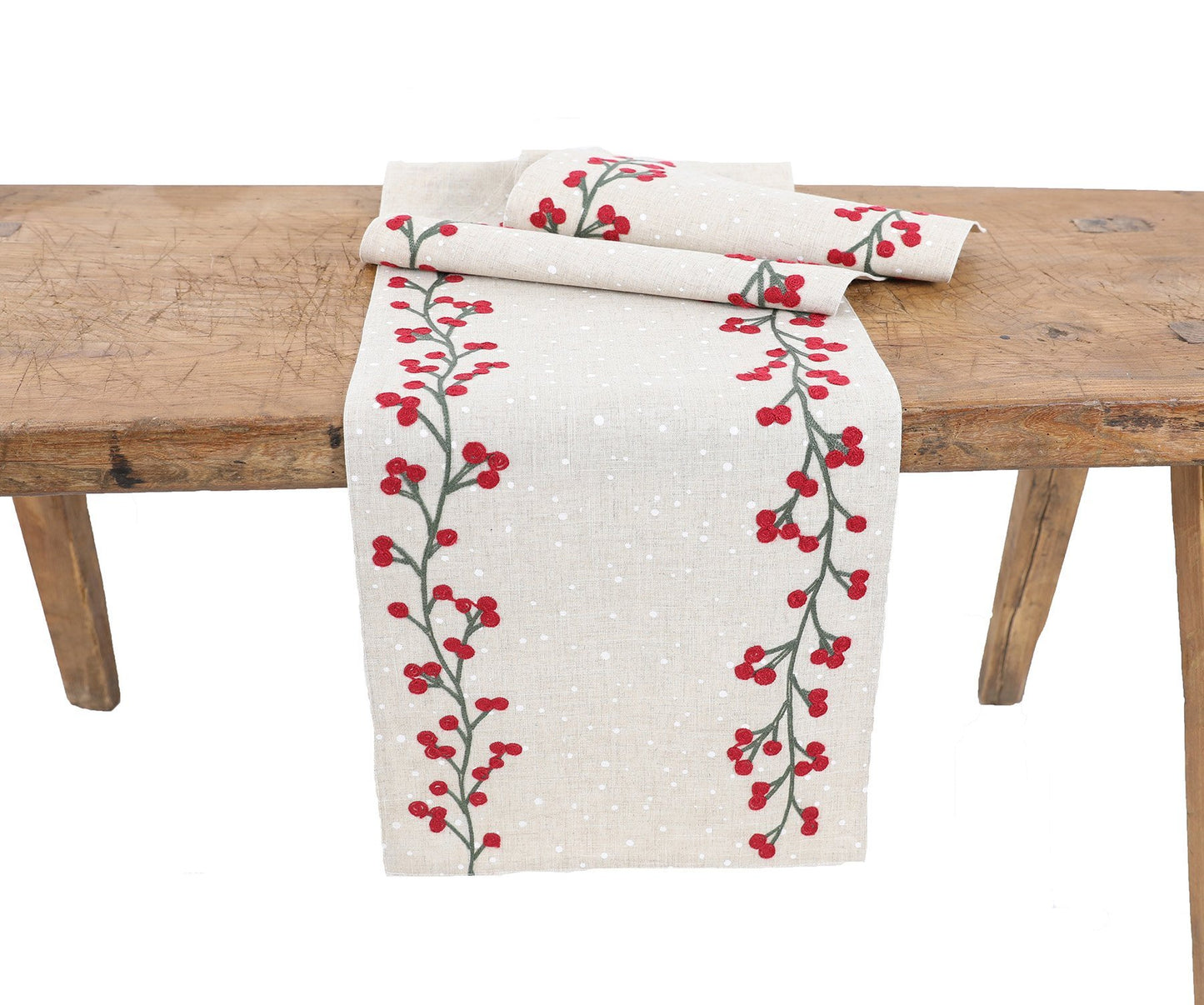 Christmas Embroidered Table Runner, Holly Berry Branch