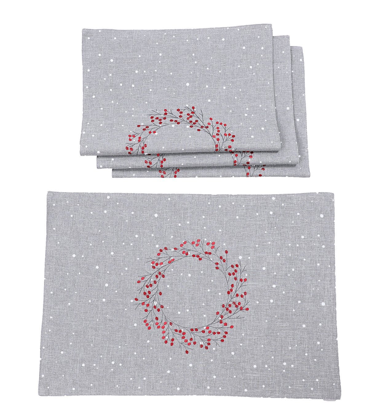 Christmas Embroidered Placemats, Holly Berry Wreath