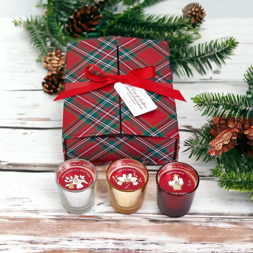 12 Days of Christmas Advent Calendar Candle Set in Christmas plaid gift box with red bow