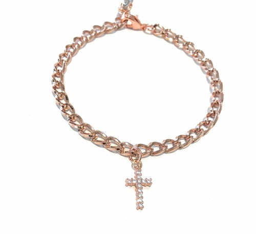 Rose Gold Link Bracelet with Jeweled Cross Charm