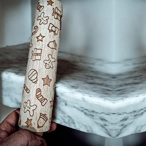 Embossed Christmas Pattern Rolling Pins w/Cookie Cutters