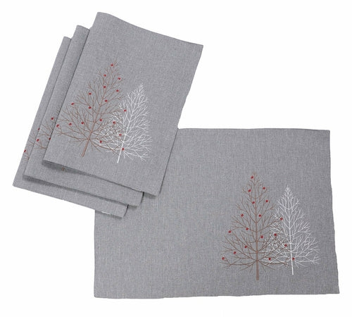 Festive Trees Christmas Embroidered Placemats Gray or White