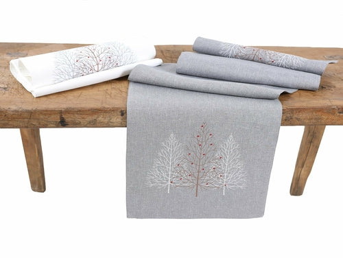 Festive Trees Christmas Embroidered Table Runner White or Gray