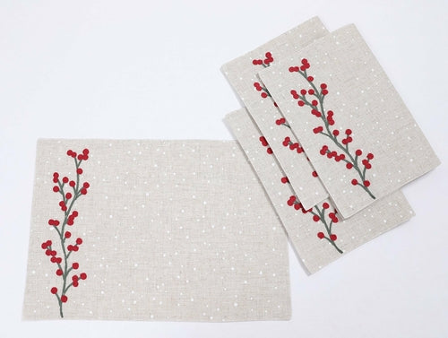 Holly Berry Branch Embroidered Linen Christmas Placemats