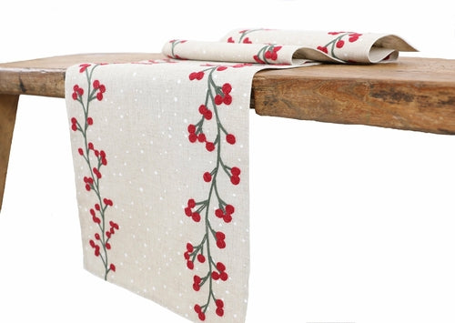 Holly Berry Branch Christmas Embroidered Table Runner Linen