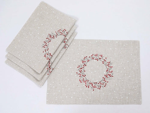 Holly Berry Wreath Christmas Embroidered Placemats