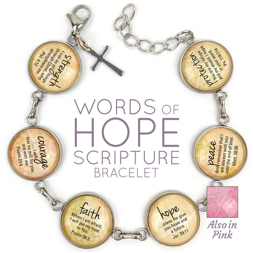 Words of Hope Glass Charm Bracelet - Neutral or Pink, Cross, Heart or Ribbon Charm