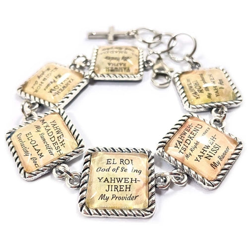 12 Names of Jesus Glass Charm Bracelet - Cross or Heart Charm