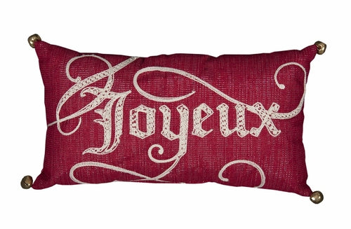 Joyeux Christmas Accent Pillow Jingle BellsvRed Cream Embroidery