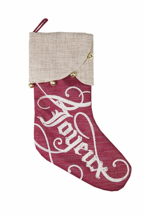 Joyeux Christmas Stocking Red Cream Linen Trim Jingle Bells