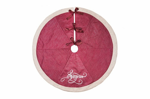 Joyeux Christmas Tree Skirt Red Cream Linen Trim