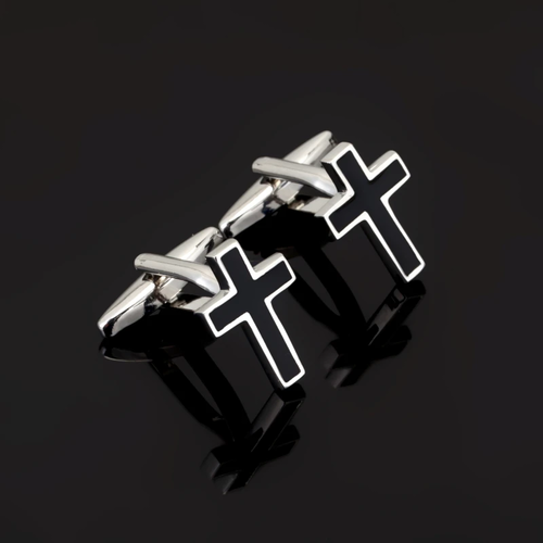 Men's Silver Plated Cross Cufflinks with Black Inlay