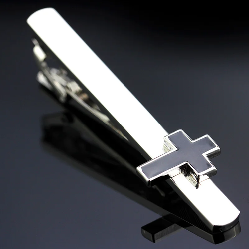 Men's Silver Plated Cross Tie Clip with Black Inlay