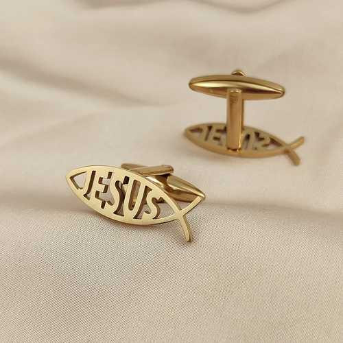 Men's Steel Jesus Fish Shape Cufflinks comes in silver, gold, black or set of all 3