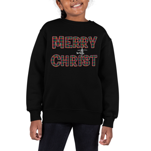 Merry With Christ Kids Unisex Sweatshirt Red & Green Plaid Print
