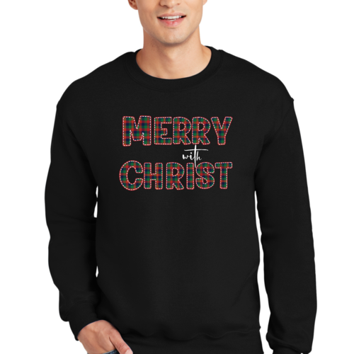 Merry With Christ Men's Christmas Sweatshirt Red & Green Plaid Print