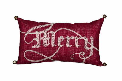 Merry Christmas Accent Pillow Red Cream Embroidery Jingle Bells