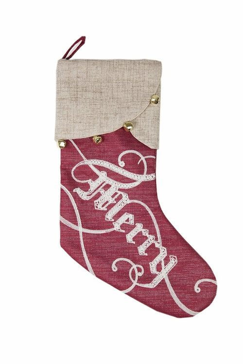 Merry Christmas stocking red cream linen trim jingle bells