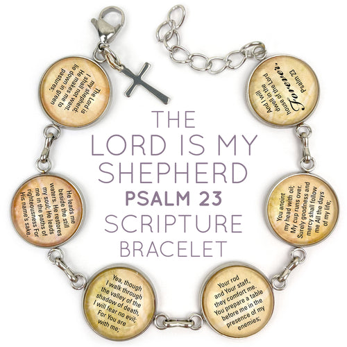 Psalm 23 The Lord Is My Shepherd Glass Charm Bracelet with Cross Charm, Neutral Color